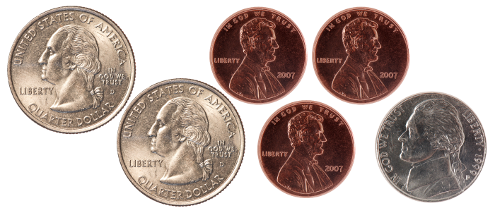 2 quarters, 1 nickel, 3 pennies