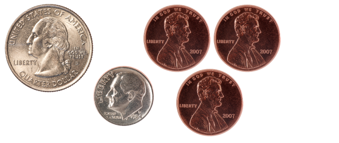 1 quarter, 1 dime, 3 pennies