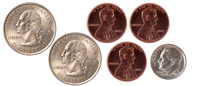 2 quarters, 1 dime, 3 pennies