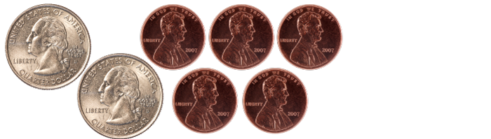 2 quarters, 5 pennies