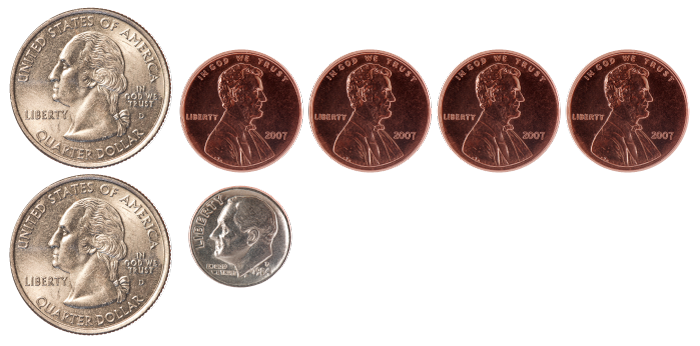 2 quarters, 1 dime, 4 pennies