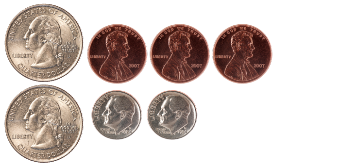 2 quarters, 2 dimes, 3 pennies