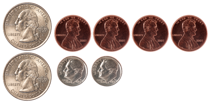 2 quarters, 2 dimes, 4 pennies
