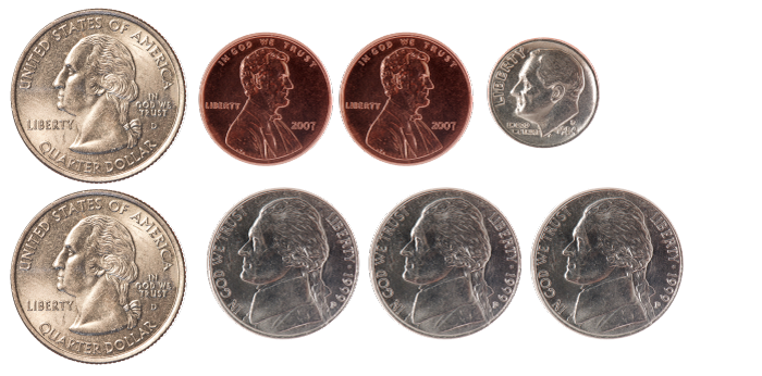 2 quarters, 1 dime, 3 nickels, 2 pennies