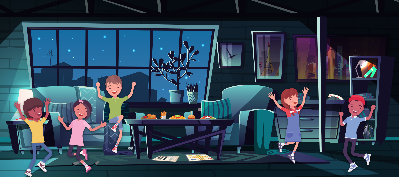 Illustration of several kids partying at night with board games.