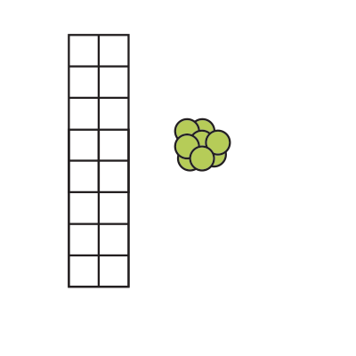 2 by 8 grid with many green dots in a pile