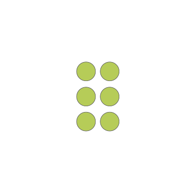 2 by 3 array of green dots