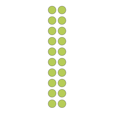 2 by 10 array of green dots