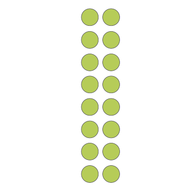 2 by 8 array of green dots