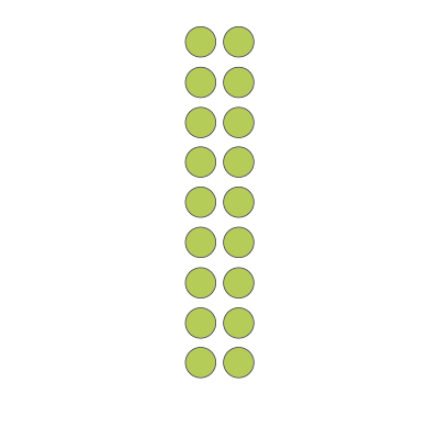 2 by 9 array of green dots