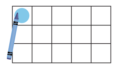 3 by 5 grid with blue crayon creating blue dot on grid