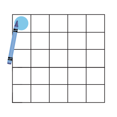 5 by 5 grid with blue crayon creating blue dot on grid