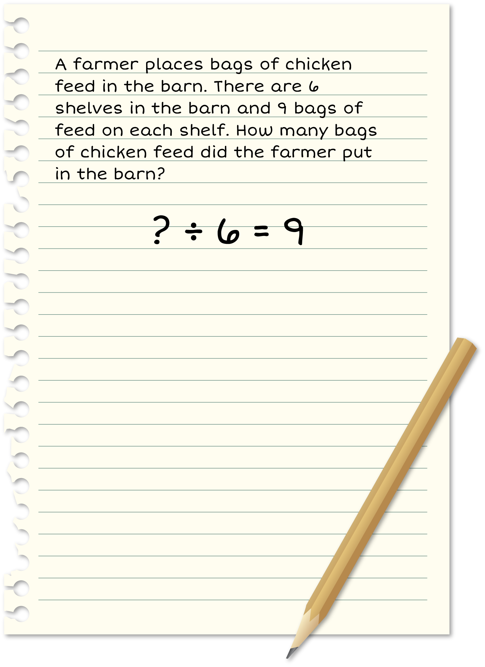 Paper: A farmer put all the bags of chicken feed he had in the barn. He had enough bags to have 6 shelves with 9 bags on each shelf. How many bags of chicken feed did the farmer start with? ? divided by 6 = 9.