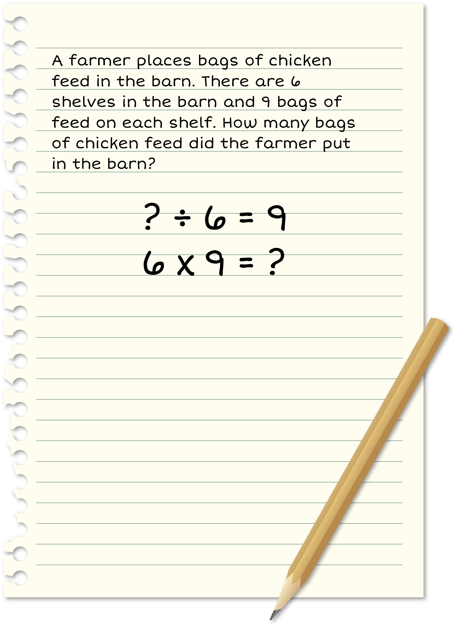 Paper: A farmer put all the bags of chicken feed he had in the barn. He had enough bags to have 6 shelves with 9 bags on each shelf. How many bags of chicken feed did the farmer start with? ? divided by 6 = 9. 6 times 9 - ?