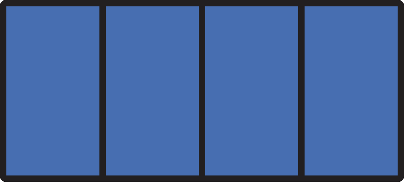 Rectangle partitioned into 4 equal parts with 4 filled in.