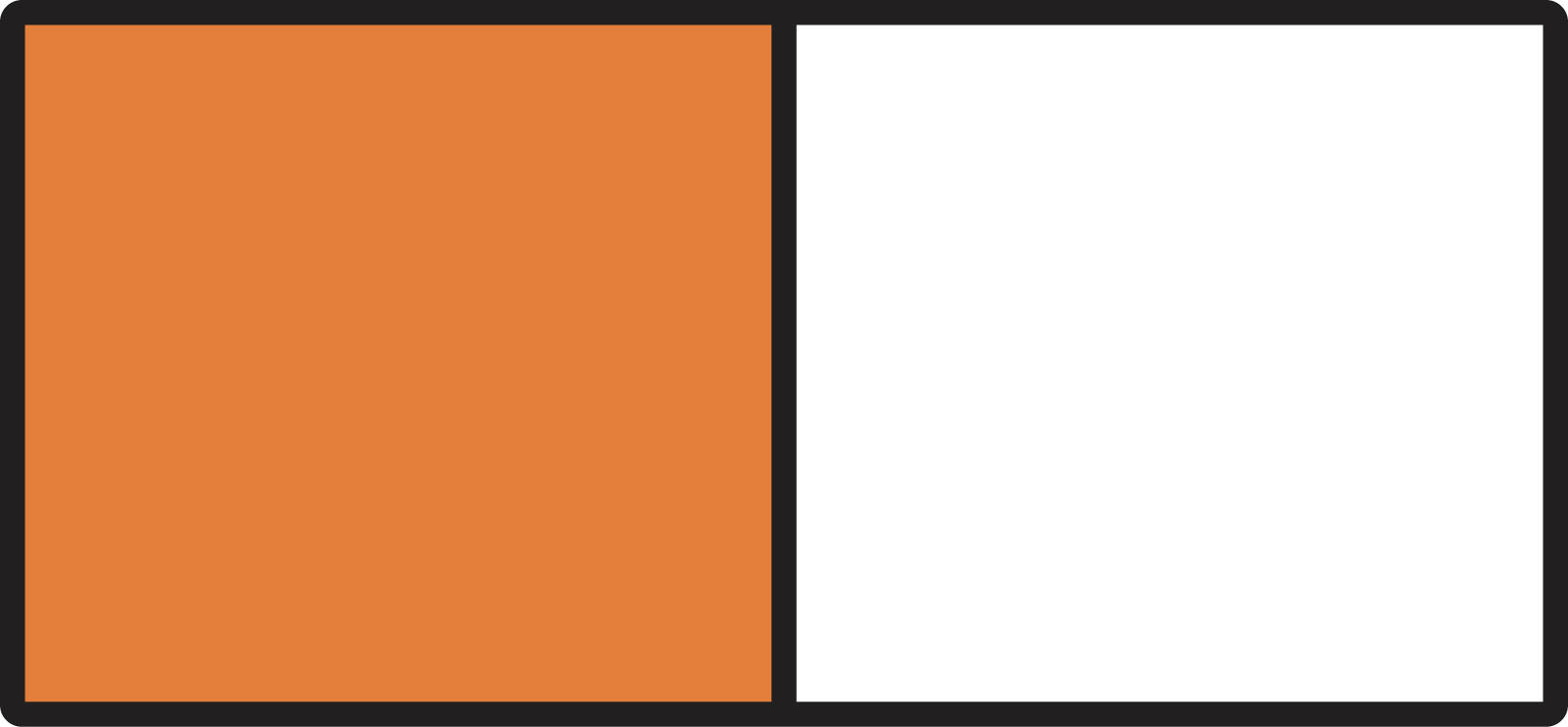 Rectangle partitioned into 2 equal parts with 1 filled in.