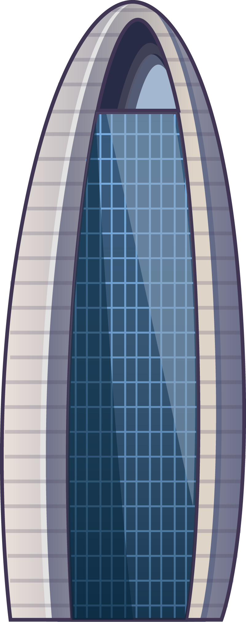 The People's daily newspaper building. The building has a rounded edge all the way to the arch on top of the building. 