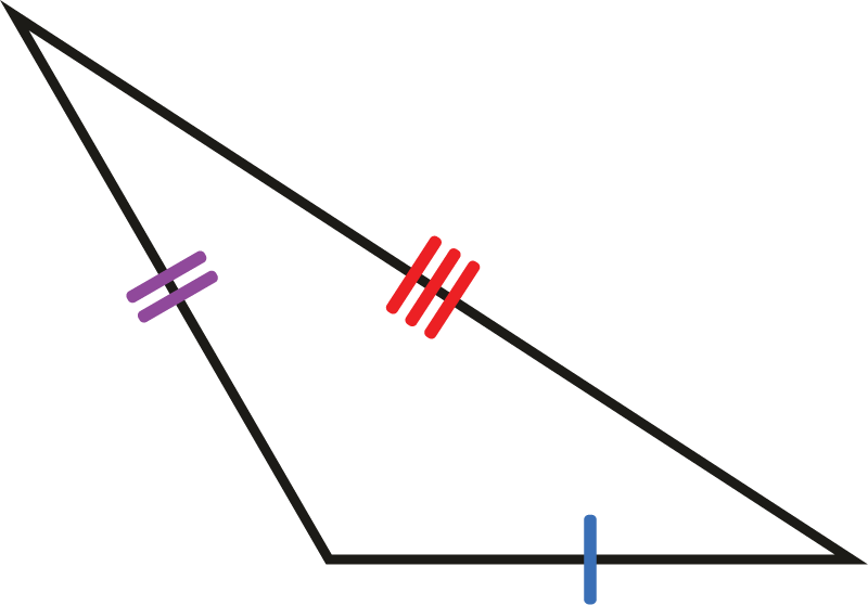 A scalene triangle with all sides having different lengths. Each side has hashmarks showing different lengths.