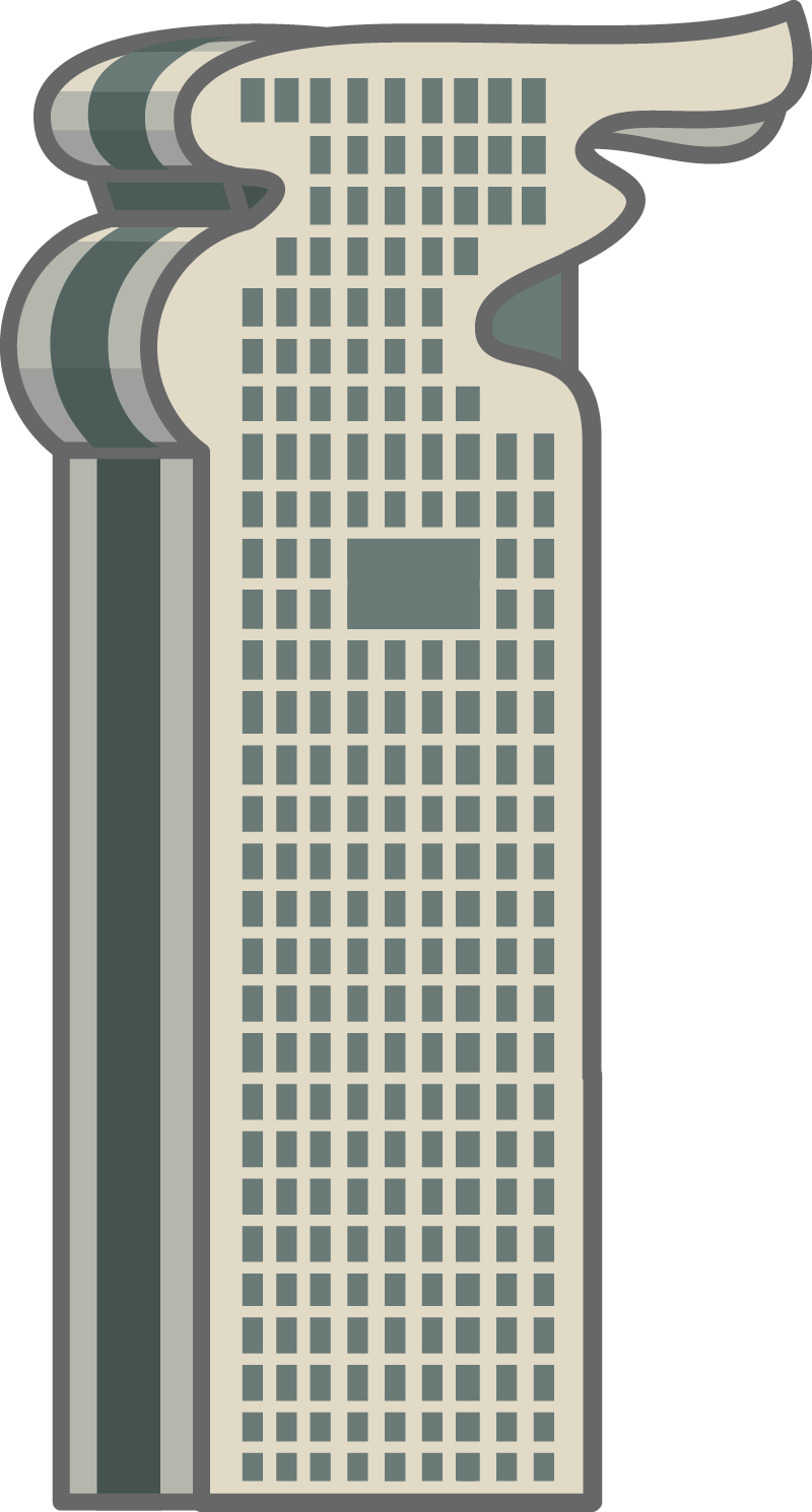 Pangu plaza a tall building with a top that is rounded with the very tip overhanging the base of the building.