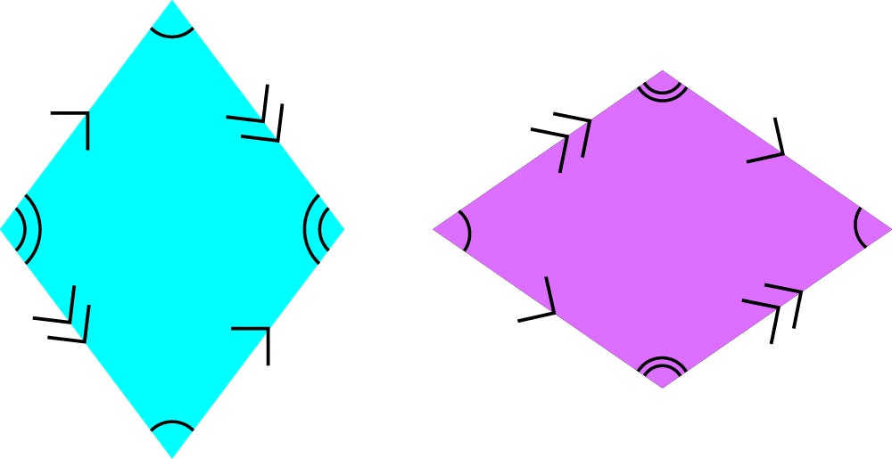 2 Rhombi. Rhombi have 4 sides of equal length and 4 angles.