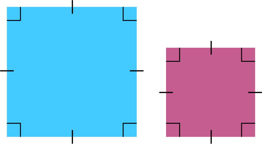 2 Squares. Squares have 4 sides and 4 right angles with 4 equal length sides.