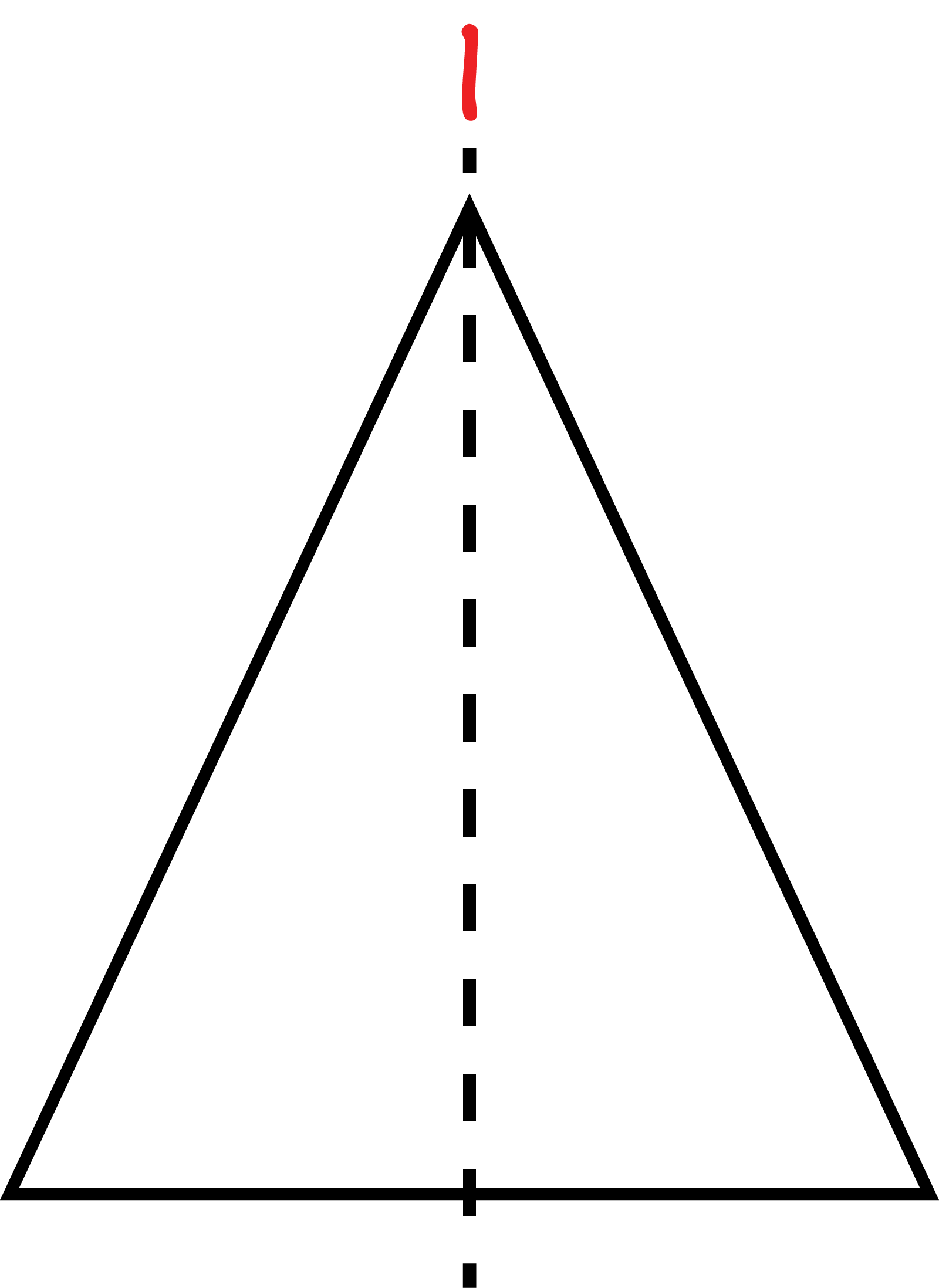 An Isosceles triangle. It has 1 line of symmetry from top to bottom.
