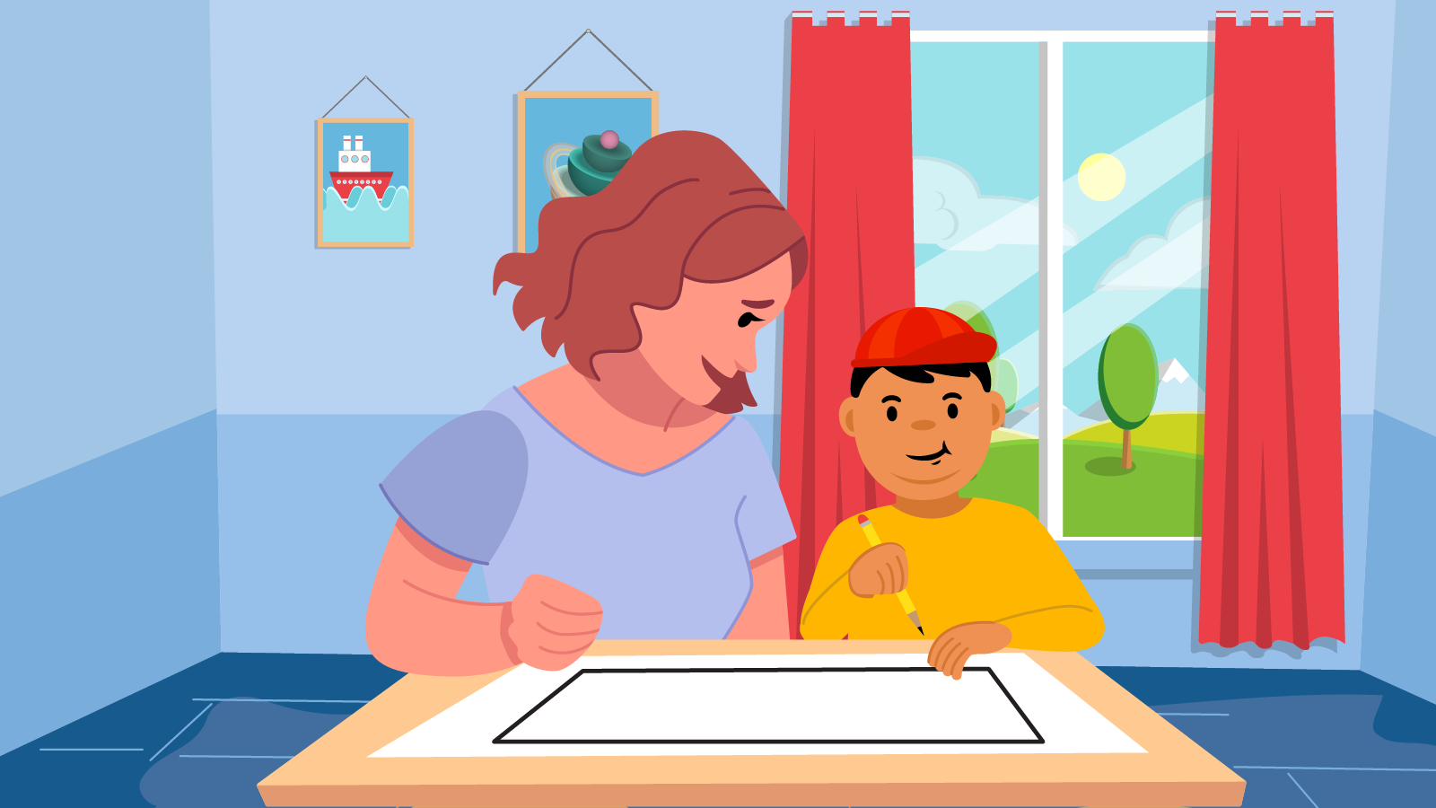 Daniel showing his mother the set up for the relay race.