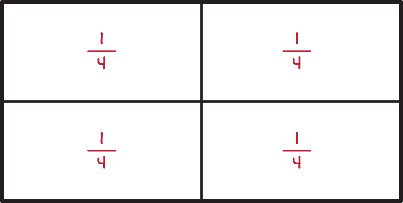A rectangle with four lines of symmetry. This divides the rectangle into 4 partitions each partition is labelled one fourth.