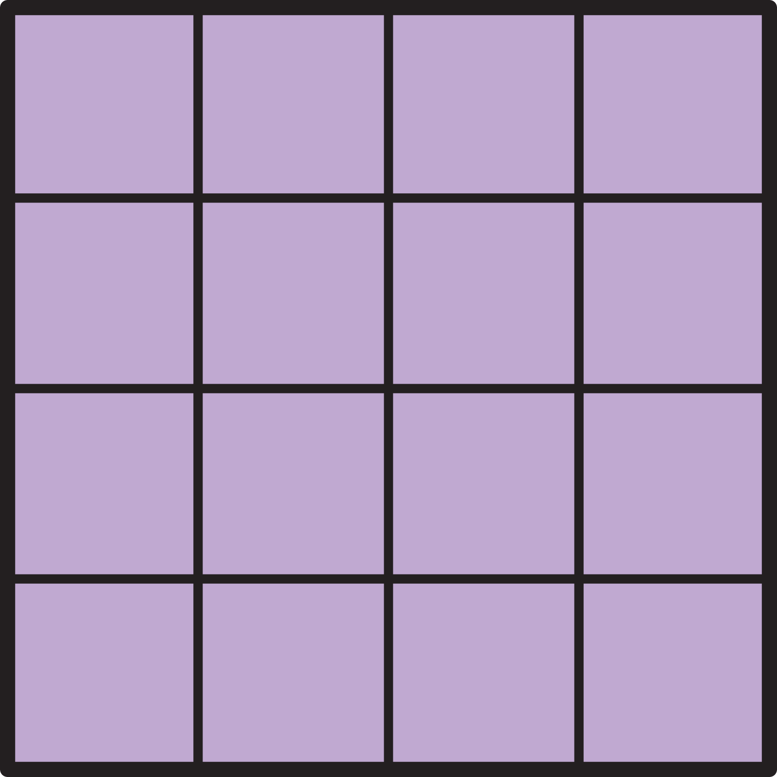 A square with an area of 4 rows and 4 columns of 16 square units.