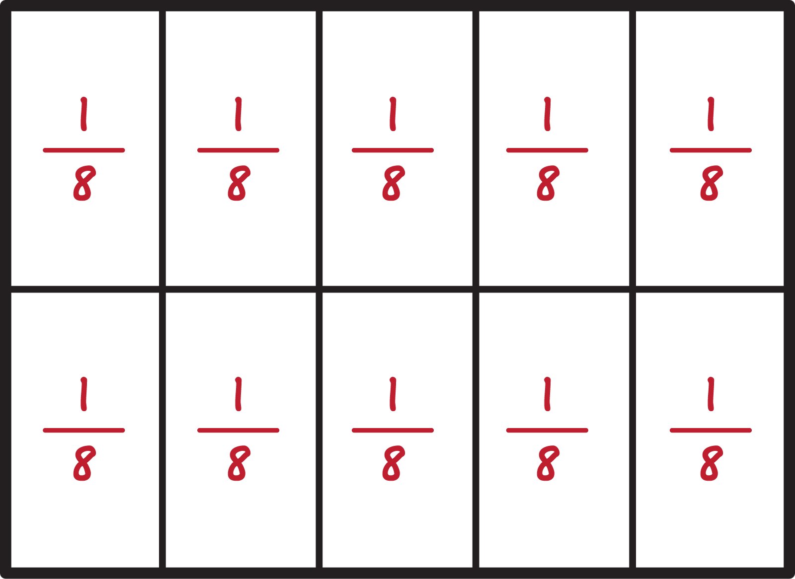 A rectangle partitioned into 10 equal parts. Each part is labelled 1 eigth.