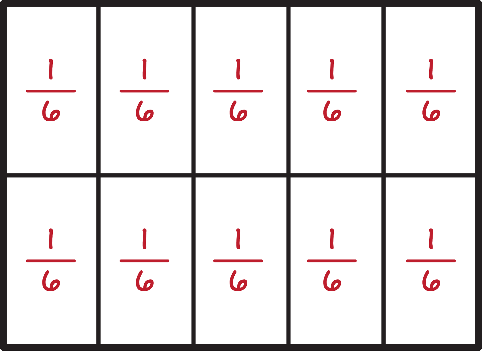 A rectangle partitioned into 10 equal parts. Each part is labelled 1 sixth.