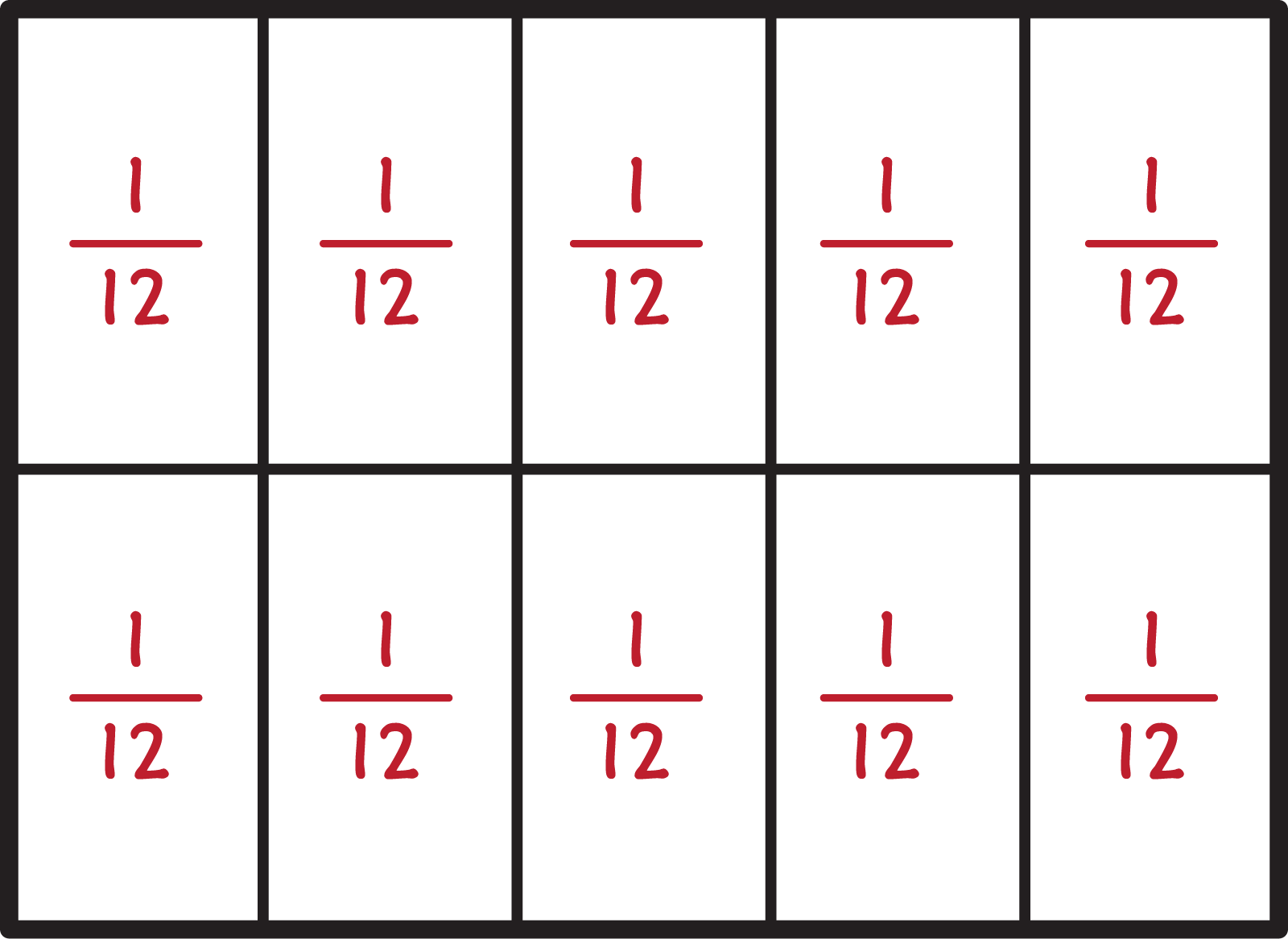 A rectangle partitioned into 10 equal parts. Each part is labelled 1 twelth.