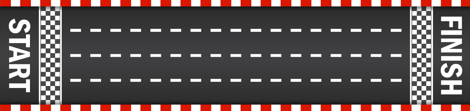 A race track with 4 lanes, there is a start point and an end point. Both are marked with a checkered pattern and the sides are lined with a red and white alternating pattern to keep the cars inbounds.