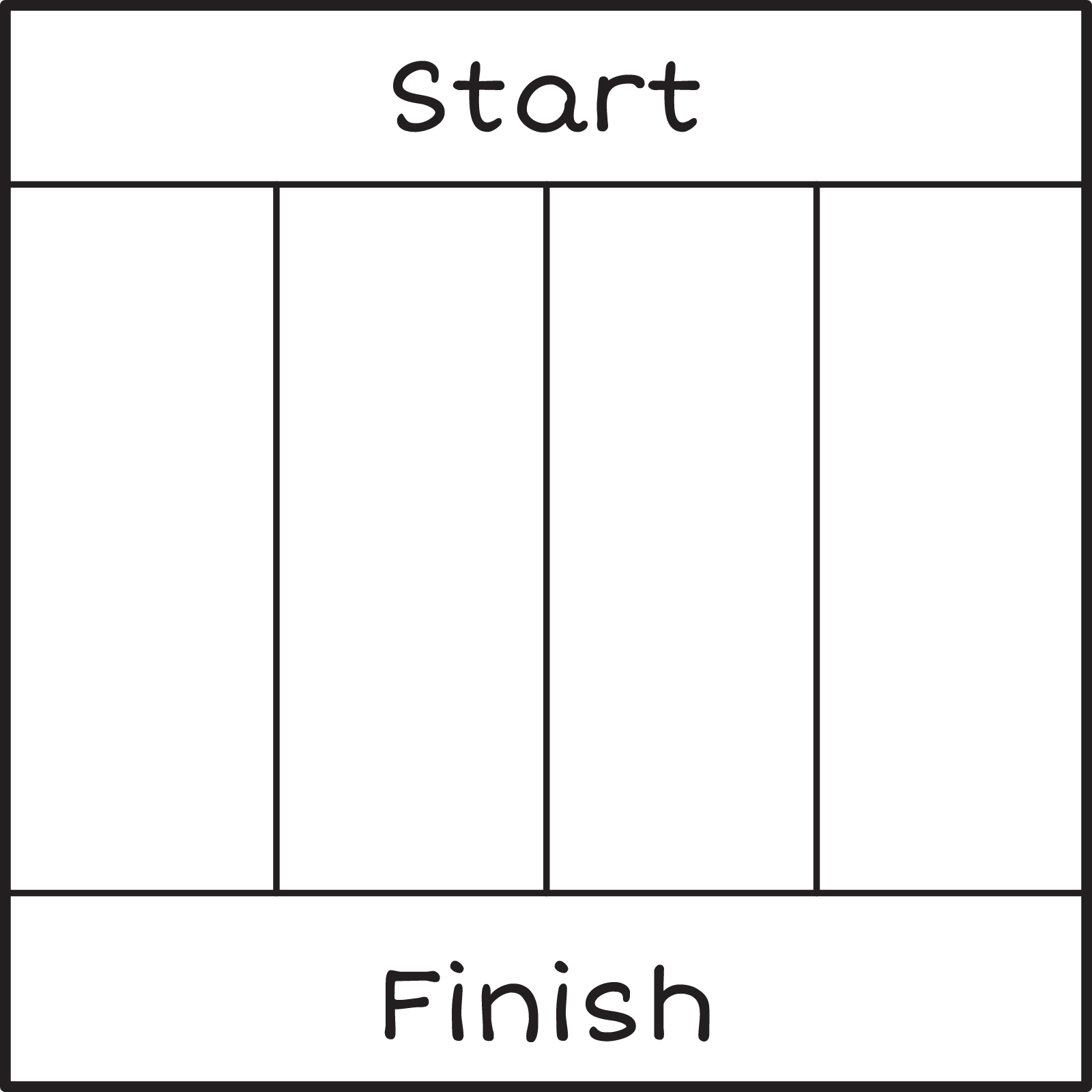 A square with partitioned into 4 equal parts with 3 vertical lines. The top is the start area and the bottom is the finish area.