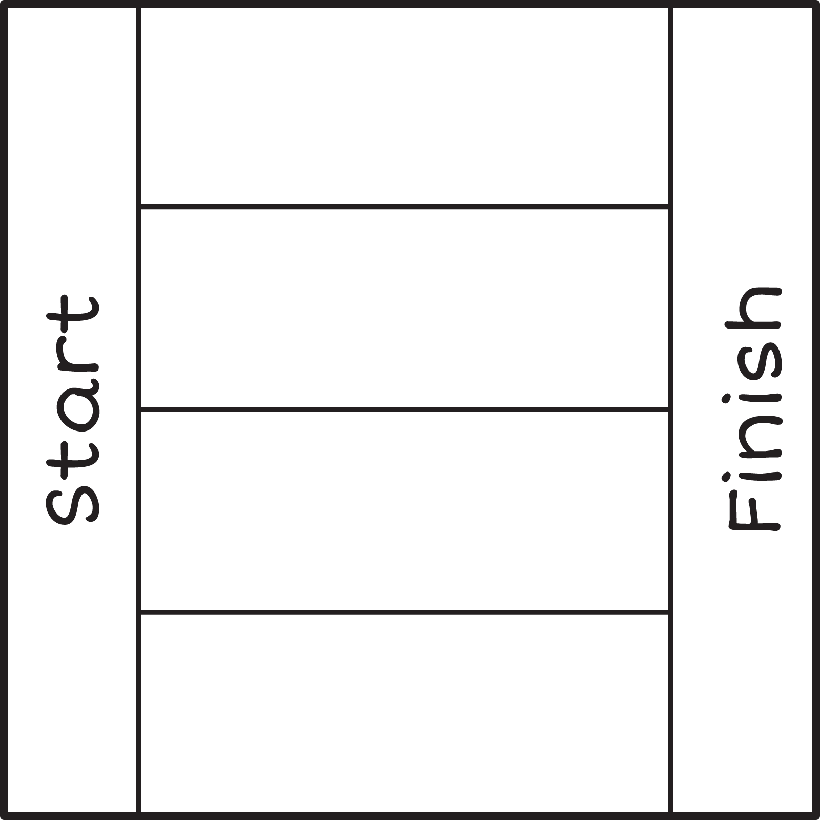 A square with partitioned into 4 equal parts with 3 horizontal lines. The left is the start area and the right is the finish area.