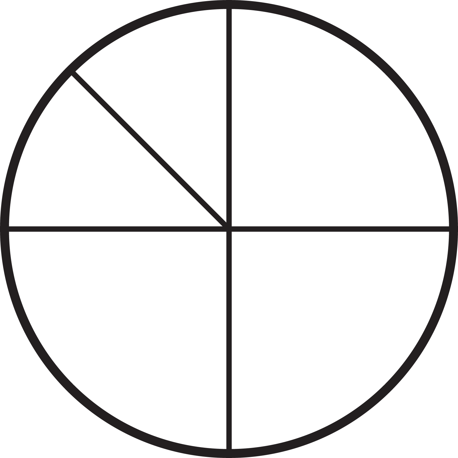 A circle with 3 equal parts and a fourth part partitioned into to equal parts.