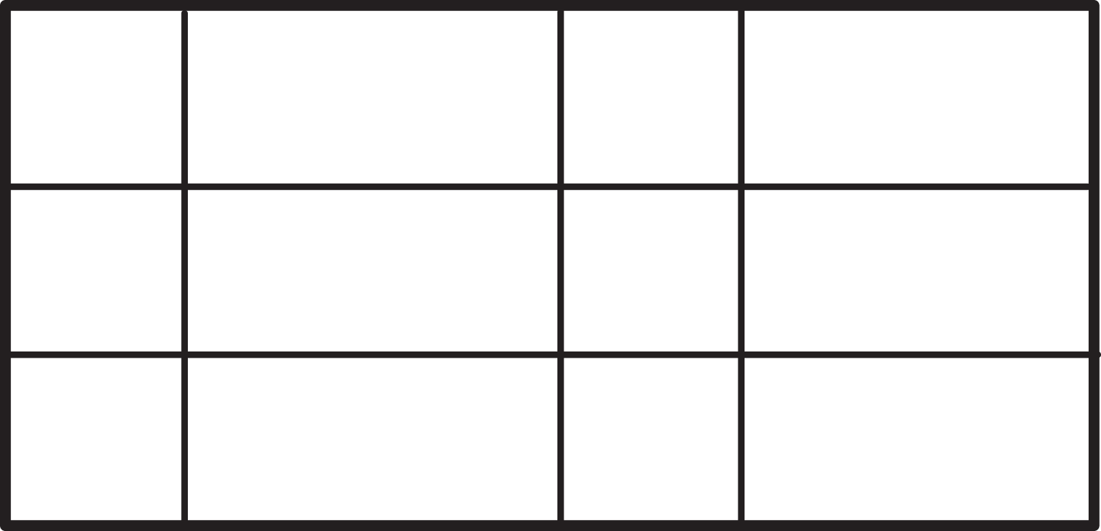 A rectangle partitioned into 12 unequal parts. There are currently 3 vertical lines. adding two more vertical lines would partition the rectangle into 3 rows and 6 columns