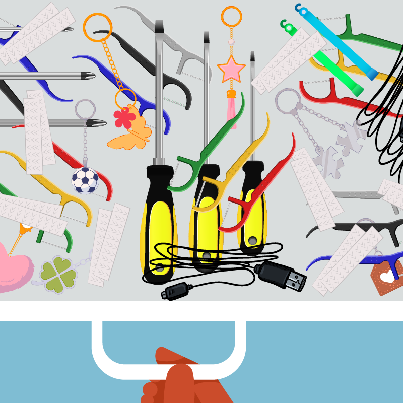A junk drawer. The junk drawer has screwdrivers, key chains,
                      floss, glow-sticks, USB chargers.
