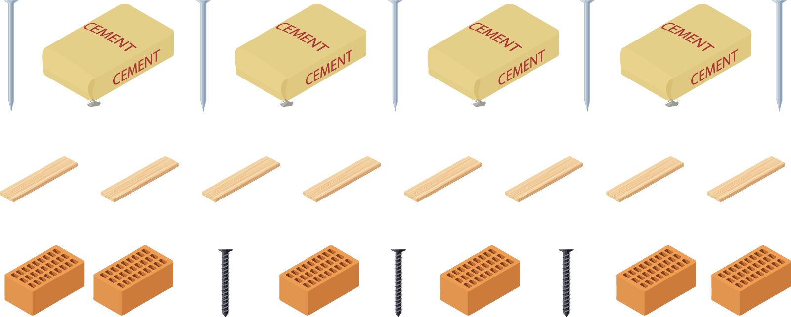 A group of materials in 3 rows.