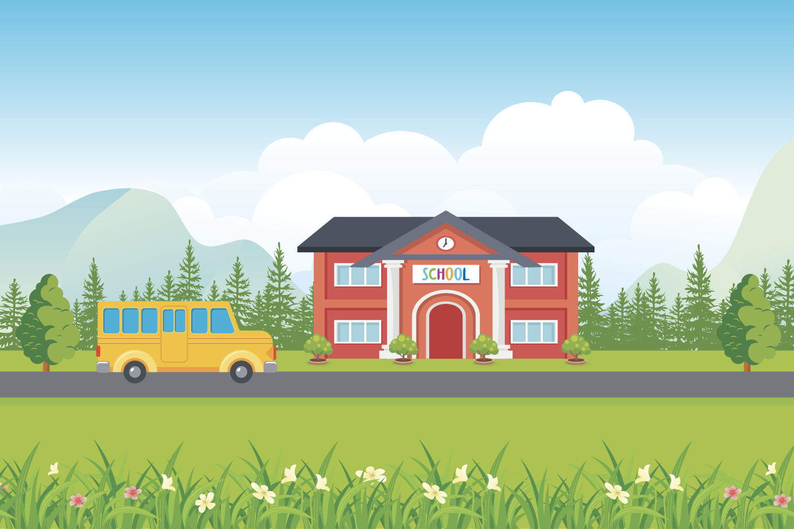 A school house with a bus outside.