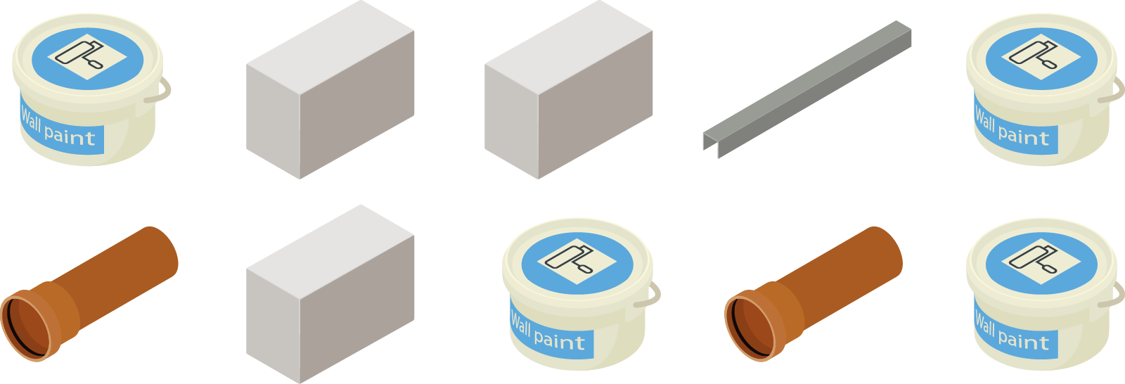 Wall paint: 4, Stones 3: 3, Pipes: 2, Metal Beam: 1. 