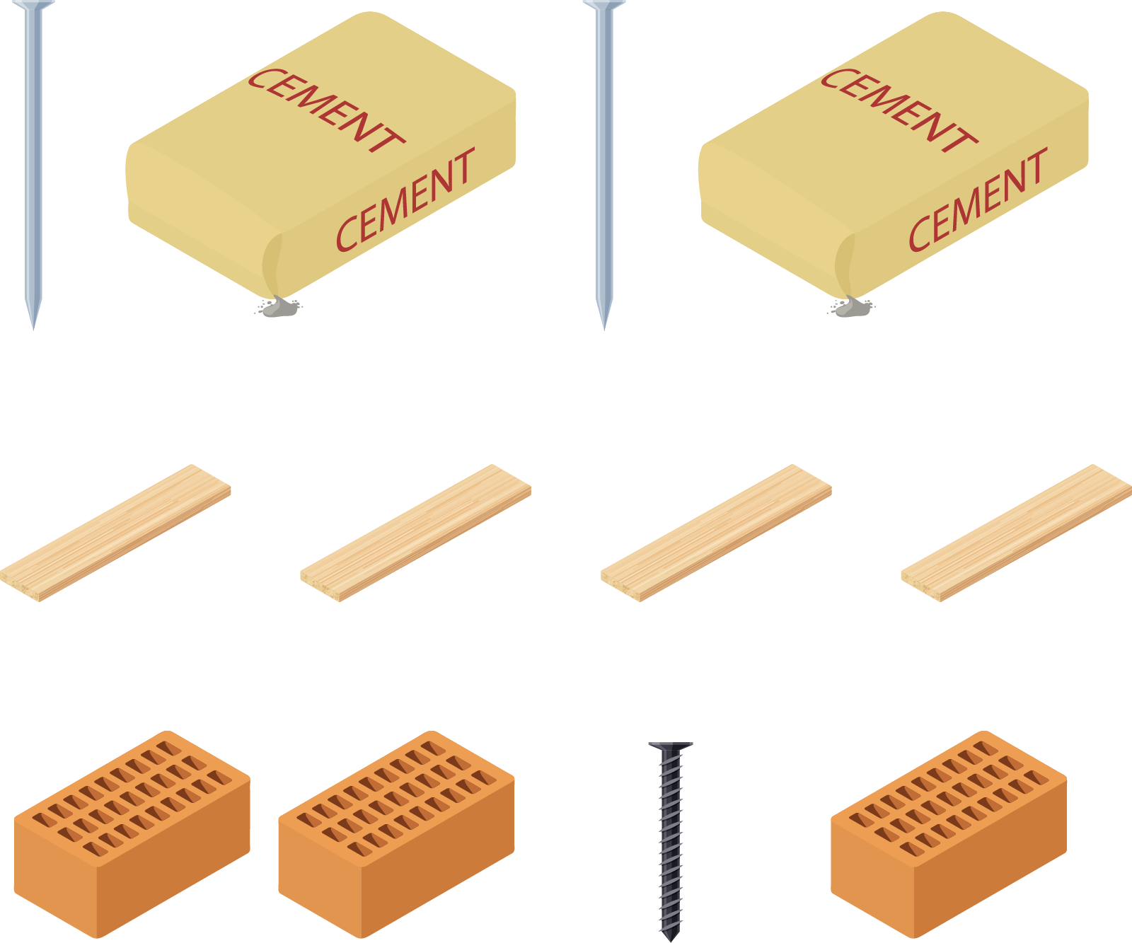 Construction materials. Cement bags: 2, Boards: 4, Nails: 2, Bricks: 3, Screw: 1.