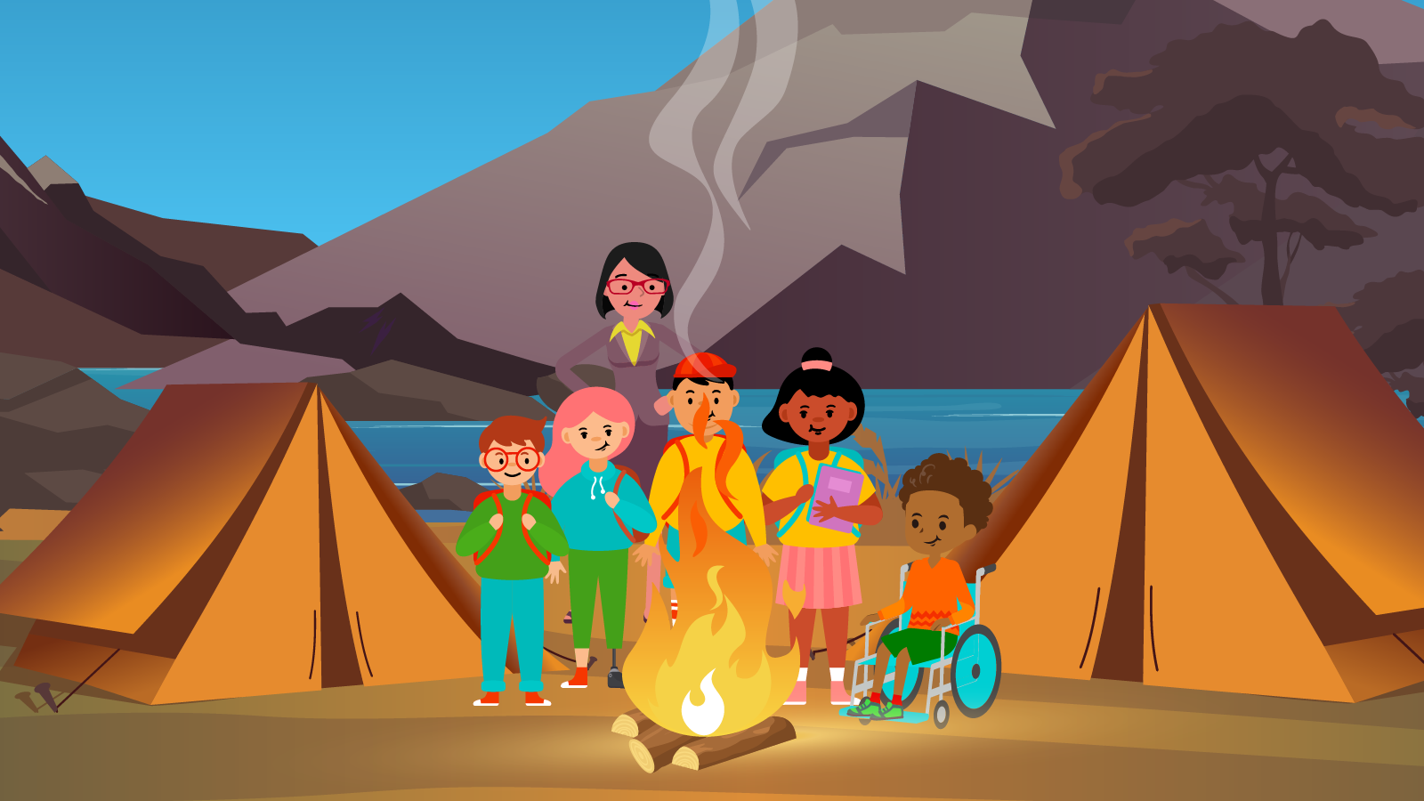 A camp fire all of Logans friends are getting ready to make S'mores.