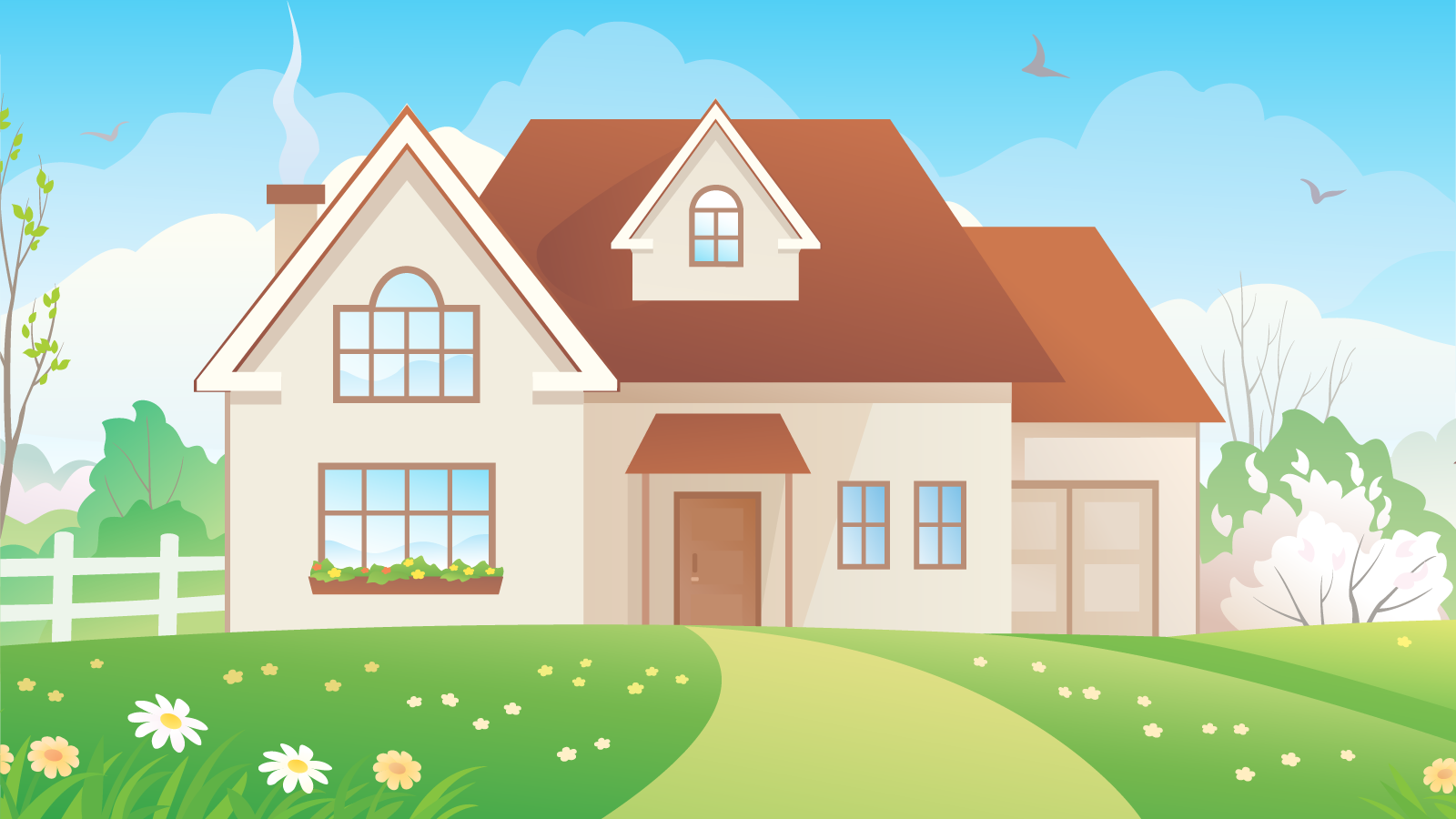 A house with a yard with some flowers in it.