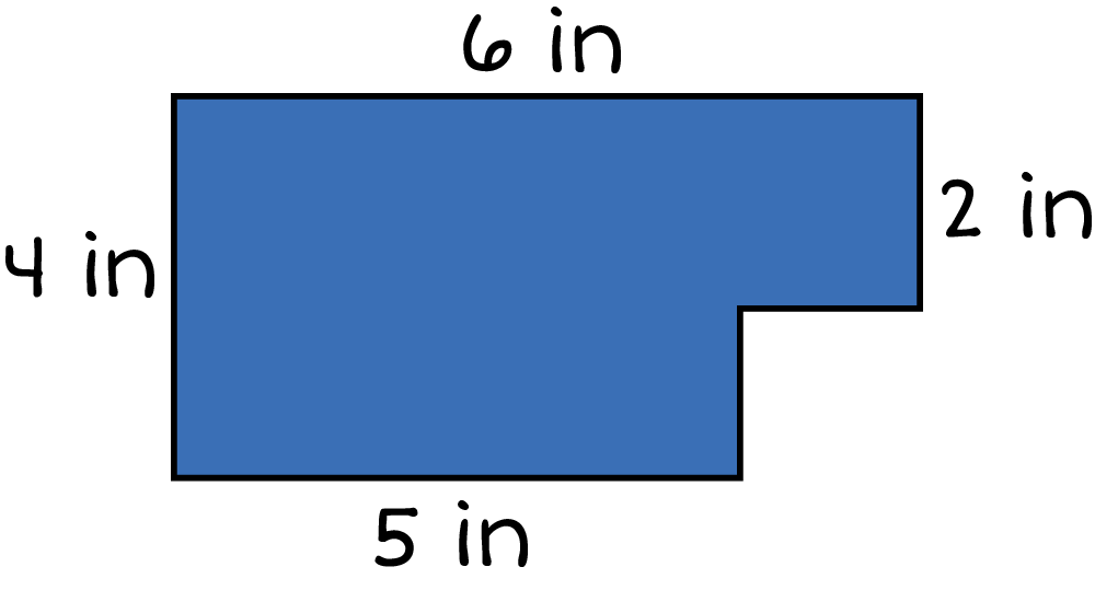 An area the left side is 4 inches the top length 6 inches the right width is 2 inches and the bottom lenght is 5 inches. 