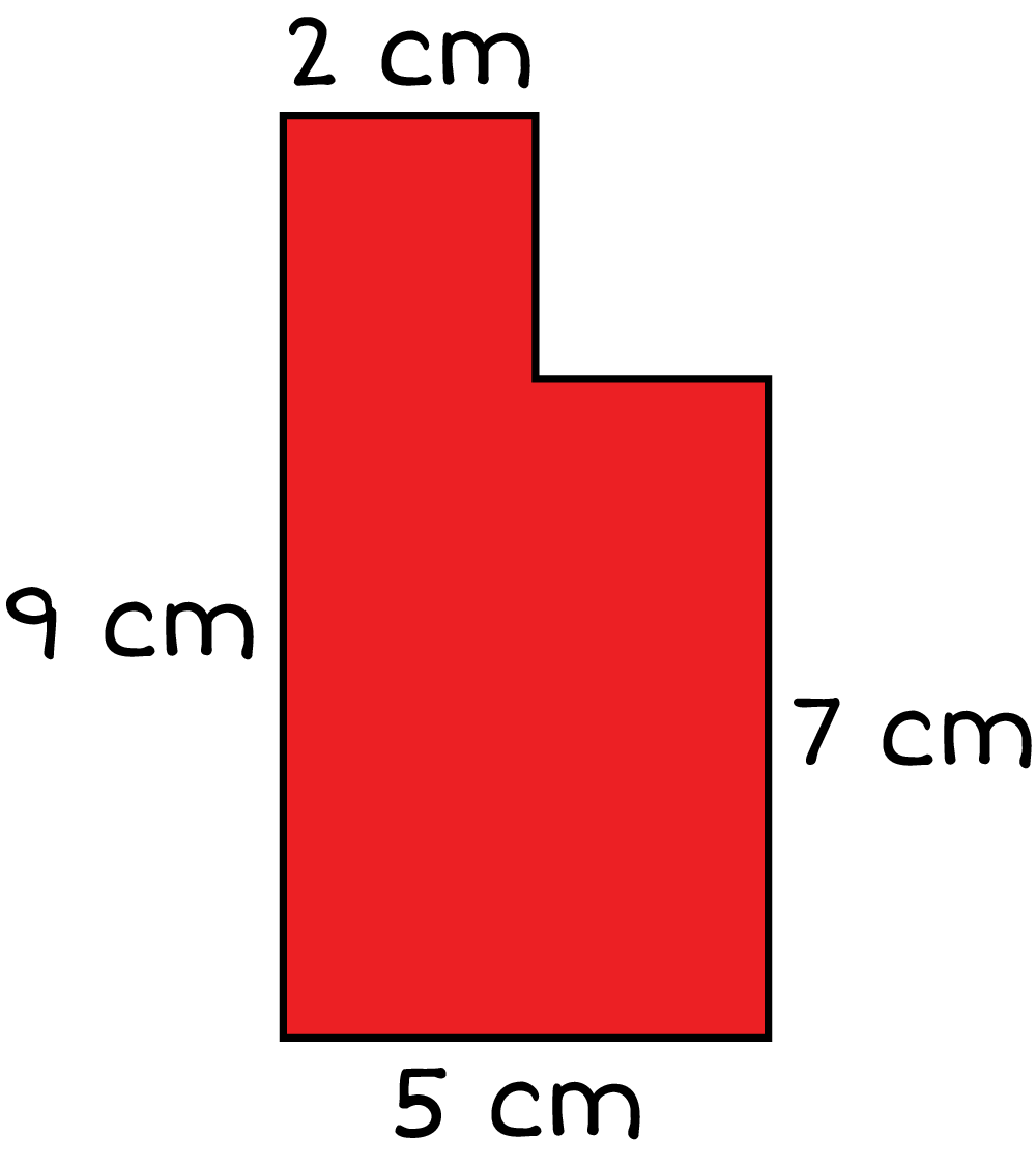 An area the left side is 9 centimeters the top length 2 centimeters the right width is 7 centimeters and the bottom lenght is 5 centimeters. 