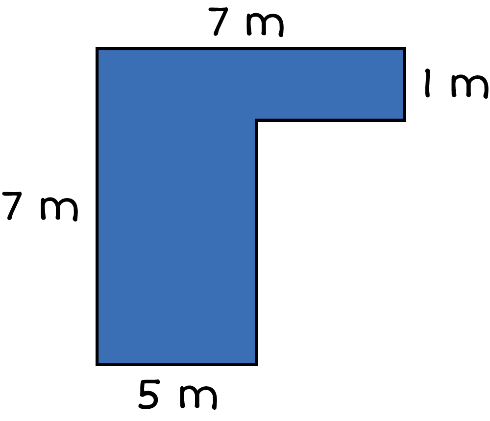 An area with the left width is 7 meters, the top length is 7 meters, the right width is 1 meter, and the bottom width is 5 meters 