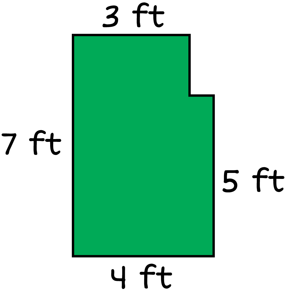 The area of the yard. The left width is 7 feet the top length is 3 feet the right width is 5 feet and the bottom length is 4 feet.