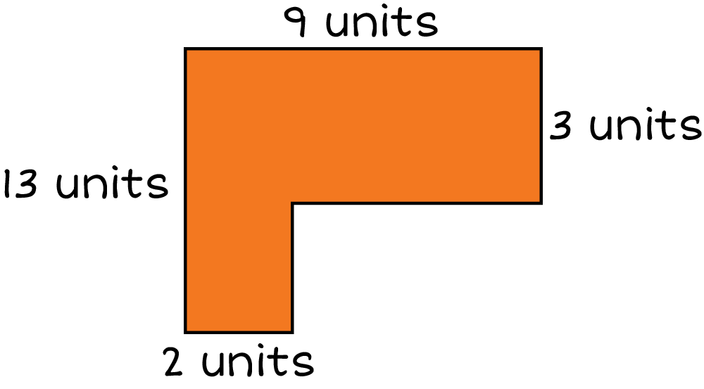 The area of the corner desk The left width is 13 units the top length is 9 units the right width is 3 units and the bottom length is 2 units.