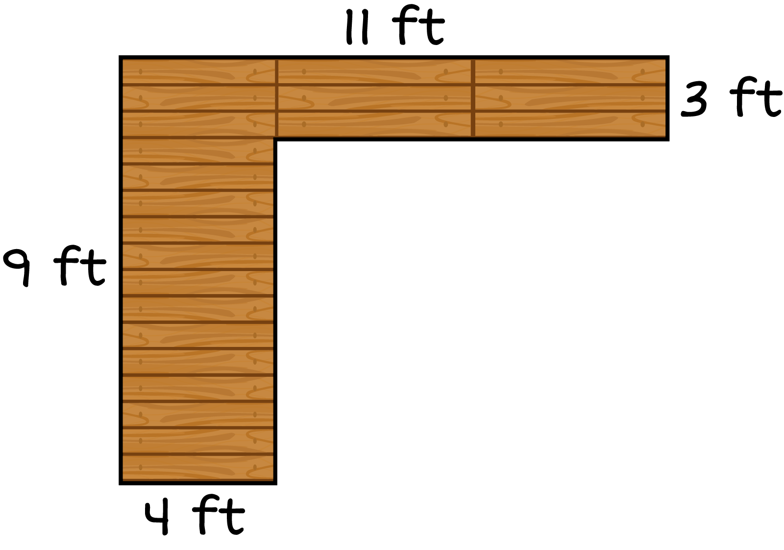 The area of the porch. It is L shaped. The left width is 9 feet the top length is 11 feet the right width is 3 feet and the bottom length is 4 feet.